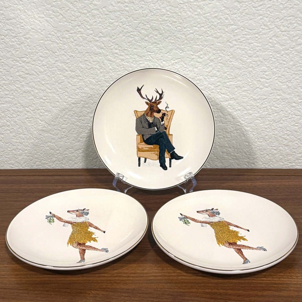 Set‎ of THREE Threshold 2017 Holiday Mr. Mrs. Posh Reindeer Stag Doe 6" Plates